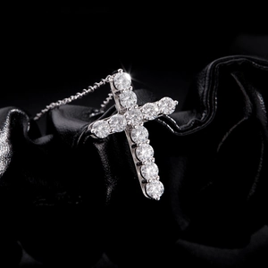 Elegant S925 sterling silver cross necklace featuring sparkling moissanite on black leather