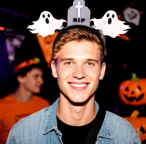 Halloween party headband featuring a cute cartoon ghost and RIP tombstone decor