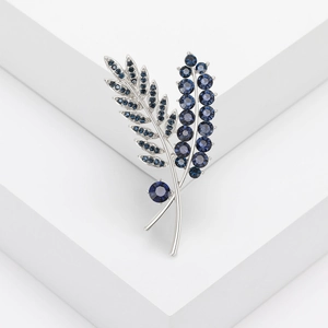 Elegant silver wheat leaf brooch with sparkling blue rhinestones for women suit accessory