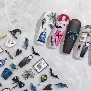 5D Halloween nail art stickers with glittery ghost, bat and coffin designs for manicure