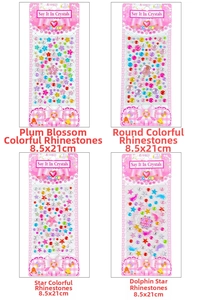 Four colorful sheets of 3D crystal gem stickers in flower, star, and dolphin patterns