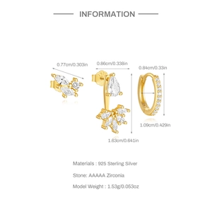 Detailed size and weight chart for 925 sterling silver zirconia earring trio set