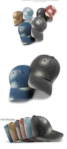 Close-up of vintage washed denim baseball caps showing fabric texture and various colors