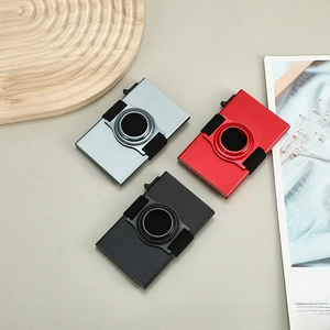 Aluminum RFID blocking card holders in silver, red, and black with AirTag slot and strap