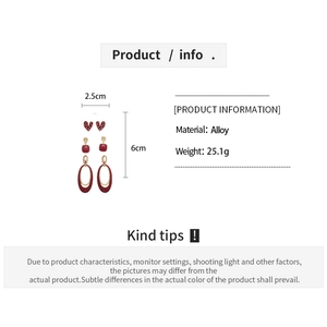 Detailed dimensions of burgundy heart and geometric earring set with alloy material specs