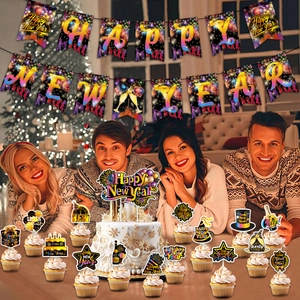 Festive New Year party decoration set with Happy New Year banner and cake toppers
