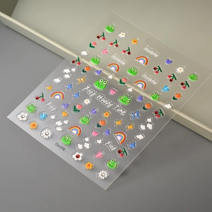 3D embossed nail stickers featuring cute green frogs, rainbows and cherry patterns