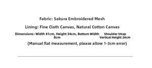 Detailed chart showing size 41x34x8cm and materials for the lace floral canvas tote bag