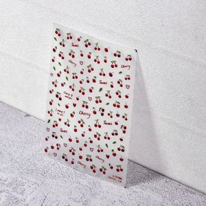 Autocollants 3D gaufrés pour ongles motif cerise rouge et feuilles vertes pour manucure