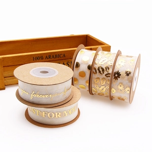 25mm gold-stamped organza ribbons with floral and letter patterns for gift wrapping