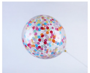 Detail of transparent balloon filled with vibrant colorful round confetti and sequins