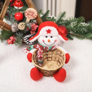 Cute snowman Christmas candy basket with plush hat and woven bamboo for holiday table decor