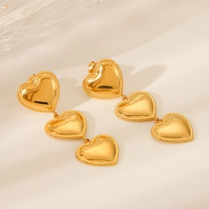 18K gold plated stainless steel triple heart fringe earrings with beaded edges