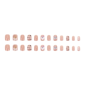 Lot de 24 faux ongles courts carrés rose doux avec motifs oursons et nœuds mignons