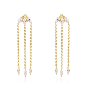 Macro view of gold-plated S925 silver fringe earrings with marquise-cut white zirconias
