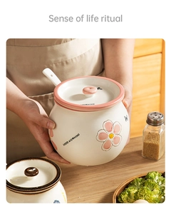 Ceramic seasoning jar with spoon and flower pattern shown in a home kitchen setting