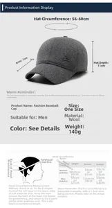 Detailed size chart for winter baseball cap with brim and depth measurements in centimeters