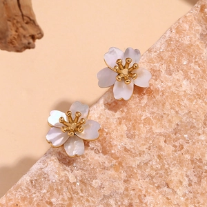 Vintage 18K gold plated stainless steel cherry blossom earrings with natural mother of pearl