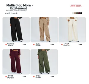 Detail view of high-waist loose sport pants in black, brown, beige, purple and green colors