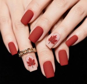 Close-up of matte red and maple leaf patterned short square press-on nails for autumn