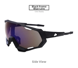 Side view of black frame cycling sunglasses with blue polarized lenses for outdoor sports