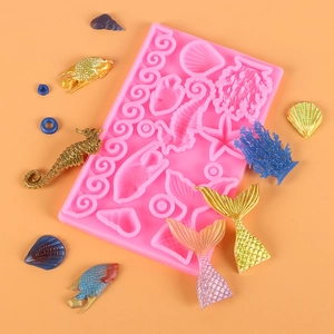 Pink silicone mermaid ocean theme mold for fondant cake decor with shells and corals