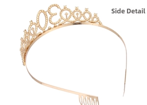 Detail view of gold-plated 30th birthday crown tiara with side combs and crystal number 30