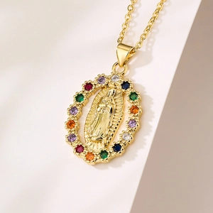 Gold plated Virgin Mary necklace featuring colorful zircon stones on an oval pendant