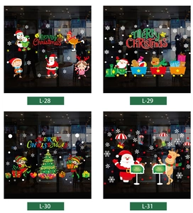 Collage of four static Christmas window stickers featuring Santa Claus and reindeer designs