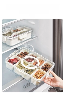 Detail view of 8-compartment airtight food container storing spices in a refrigerator