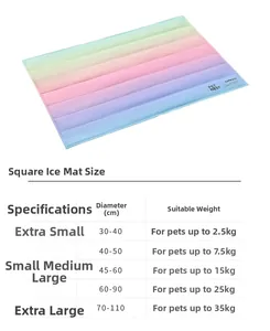 Size chart for pet cooling mats from XS to XL with specific dimensions and weights