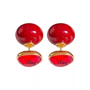Square 18K gold plated earrings with red faceted crystals and silver needles for women