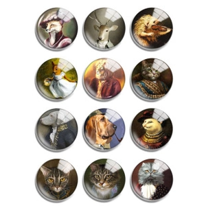 Set of 12 circular glass magnets featuring vintage anthropomorphic animal oil painting art