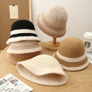 Women Winter Knitted Bucket Hat Warm Plush Trim Ribbed Cloche Hat Soft Windproof Foldable Casual Outdoor Headwear