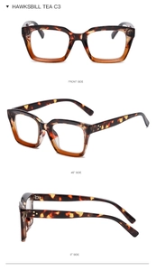Detailed views of retro tortoiseshell square glasses frame in hawkbill tea C3 finish