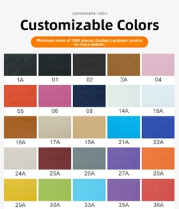 Detailed catalog showing 25 color options and cross-pattern leather textures for mini boxes