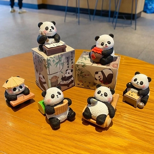 Set of 6 Chinese style resin panda figurines in various poses with decorative packaging