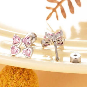 Pink heart cherry stud earrings in silver titanium steel with secure screw back closure