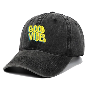 Detail of Good Vibes colorful 3D embroidery on washed black denim cotton baseball cap