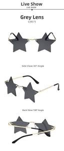 Three angles of rimless star-shaped grey sunglasses with a sleek gold metal frame