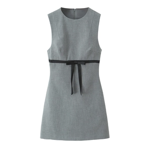 Women Sleeveless Round Neck Mini Dress Polyester Woven Fabric With Black Satin Bow High Waist Elegant Party Dress Gray