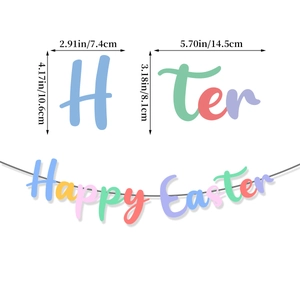 Detail of Happy Easter banner with dimensions of letters and hanging pastel decorations