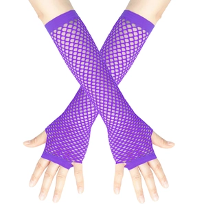 Detail shot of purple fishnet fingerless arm warmers in elastic nylon mesh fabric