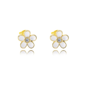 French style S925 silver flower stud earrings with white petals and sparkling zircon