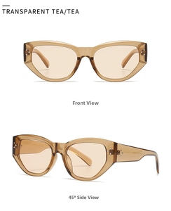 Cat-Eye-Sonnenbrille in Transparent-Tee mit Front- und 45-Grad-Seitenansicht-Details