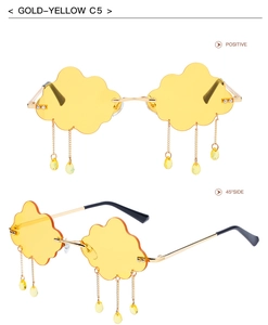 Cloud-shaped rimless yellow sunglasses with golden tassels and waterdrop charms detail