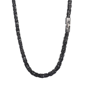 Men's black stainless steel woven chain necklace with interlocking clasp on white background