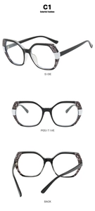Three-view display of black and tortoiseshell polygonal glasses frame with side and back angles