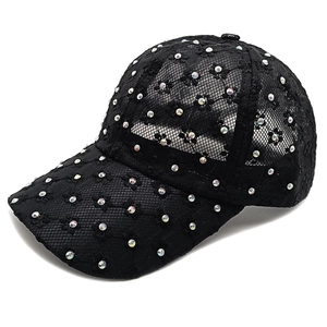 Elegant black lace baseball cap with sparkling rhinestones and floral embroidery detail