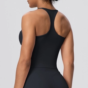 Detail of slim fit racerback yoga top in black high-elasticity quick-dry fabric